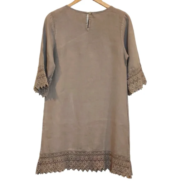 ROSEMARINE XS FLAX MUD LINEN COTTAGE EMBROIDERED LACE MIDI DRESS - Picture 2 of 6